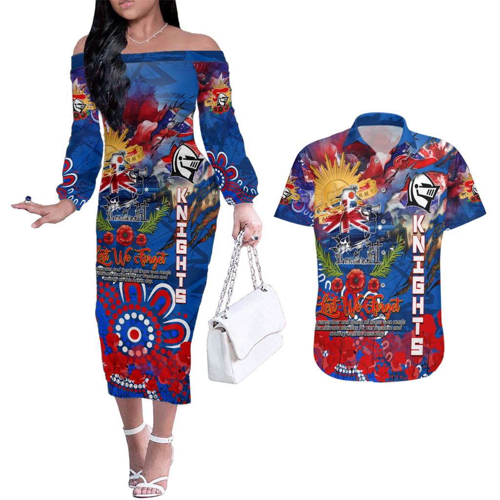 Personalised Australia Rugby Knights ANZAC Couples Matching Off The Shoulder Long Sleeve Dress and Hawaiian Shirt Newcastle Scratch Style