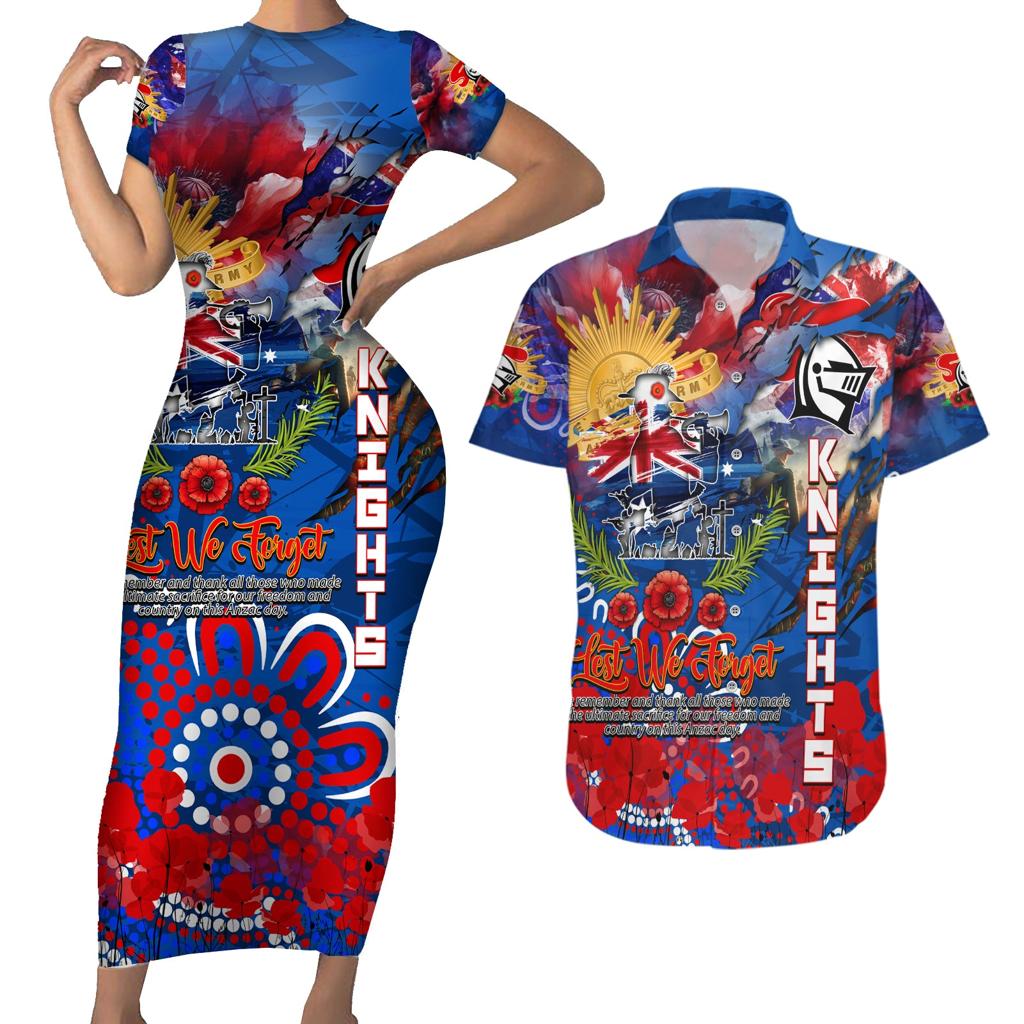 Personalised Australia Rugby Knights ANZAC Couples Matching Short Sleeve Bodycon Dress and Hawaiian Shirt Newcastle Scratch Style