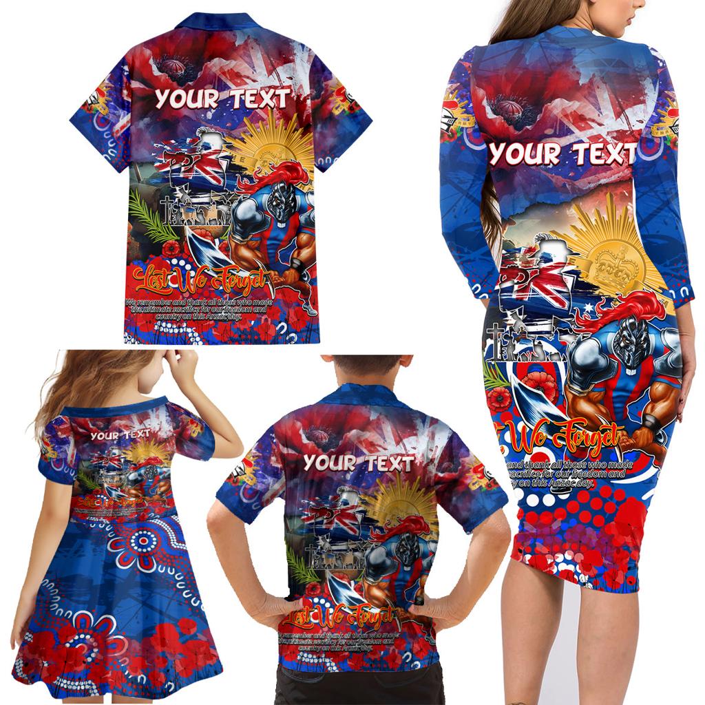 Personalised Australia Rugby Knights ANZAC Family Matching Long Sleeve Bodycon Dress and Hawaiian Shirt Newcastle Scratch Style