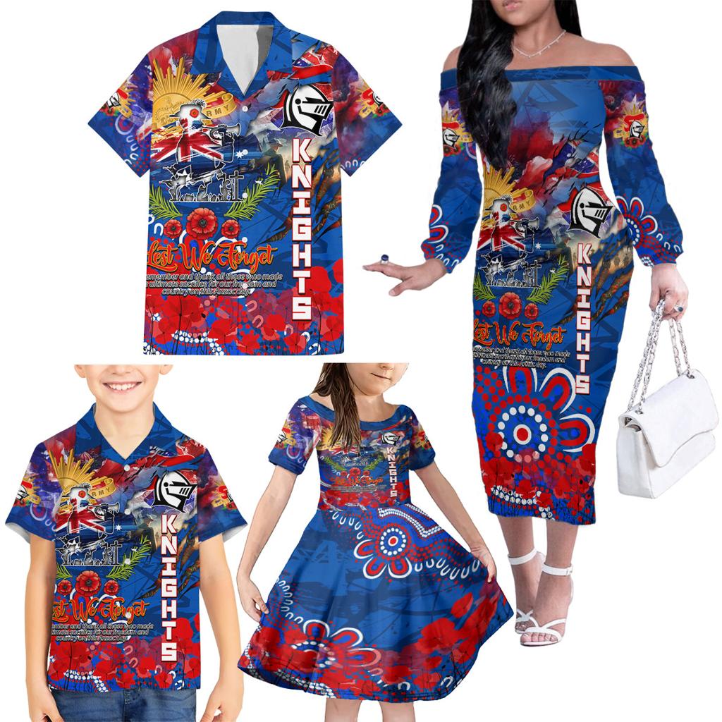 Personalised Australia Rugby Knights ANZAC Family Matching Off The Shoulder Long Sleeve Dress and Hawaiian Shirt Newcastle Scratch Style