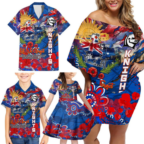 Personalised Australia Rugby Knights ANZAC Family Matching Off Shoulder Short Dress and Hawaiian Shirt Newcastle Scratch Style