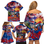 Personalised Australia Rugby Knights ANZAC Family Matching Off Shoulder Short Dress and Hawaiian Shirt Newcastle Scratch Style