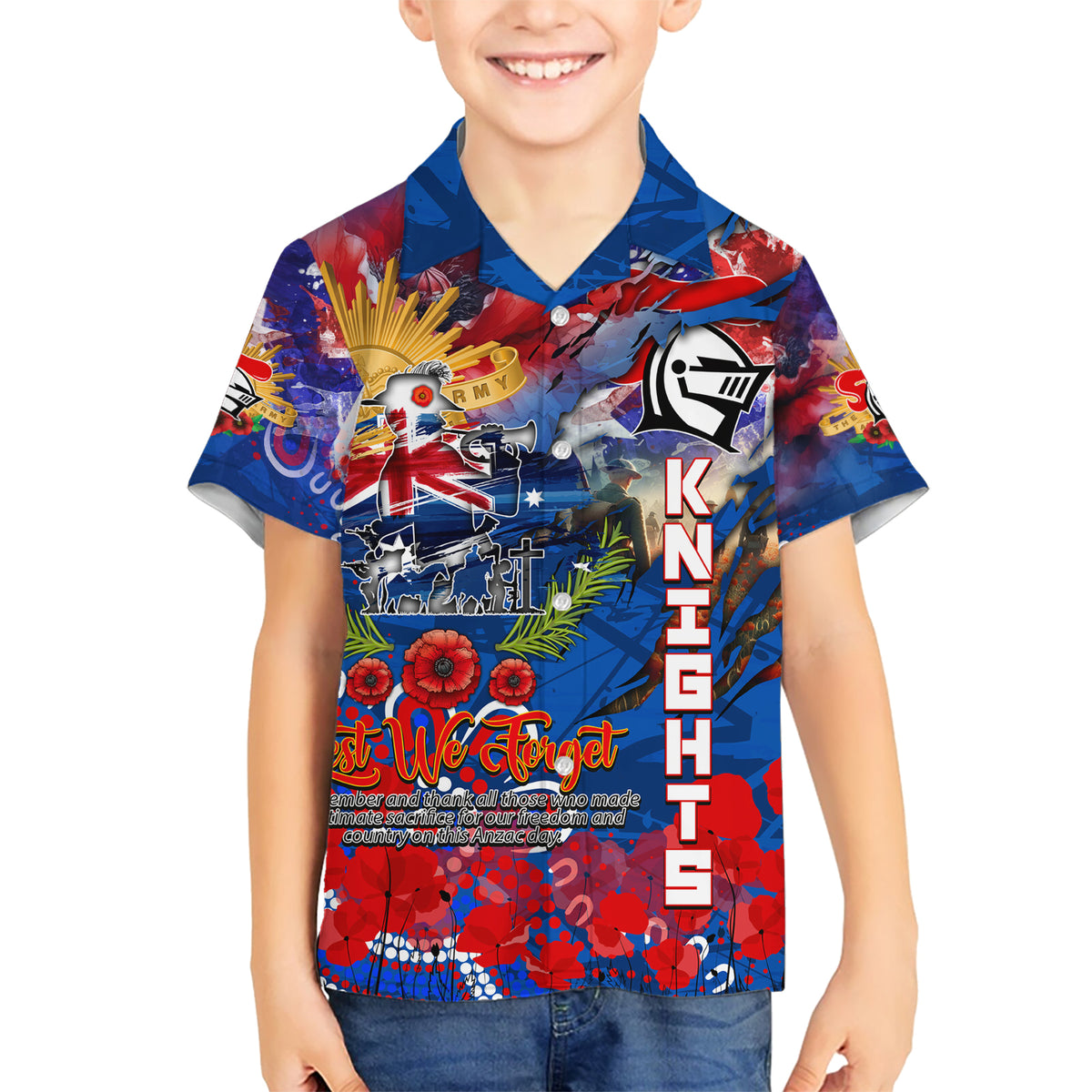 Personalised Australia Rugby Knights ANZAC Kid Hawaiian Shirt Newcastle Scratch Style