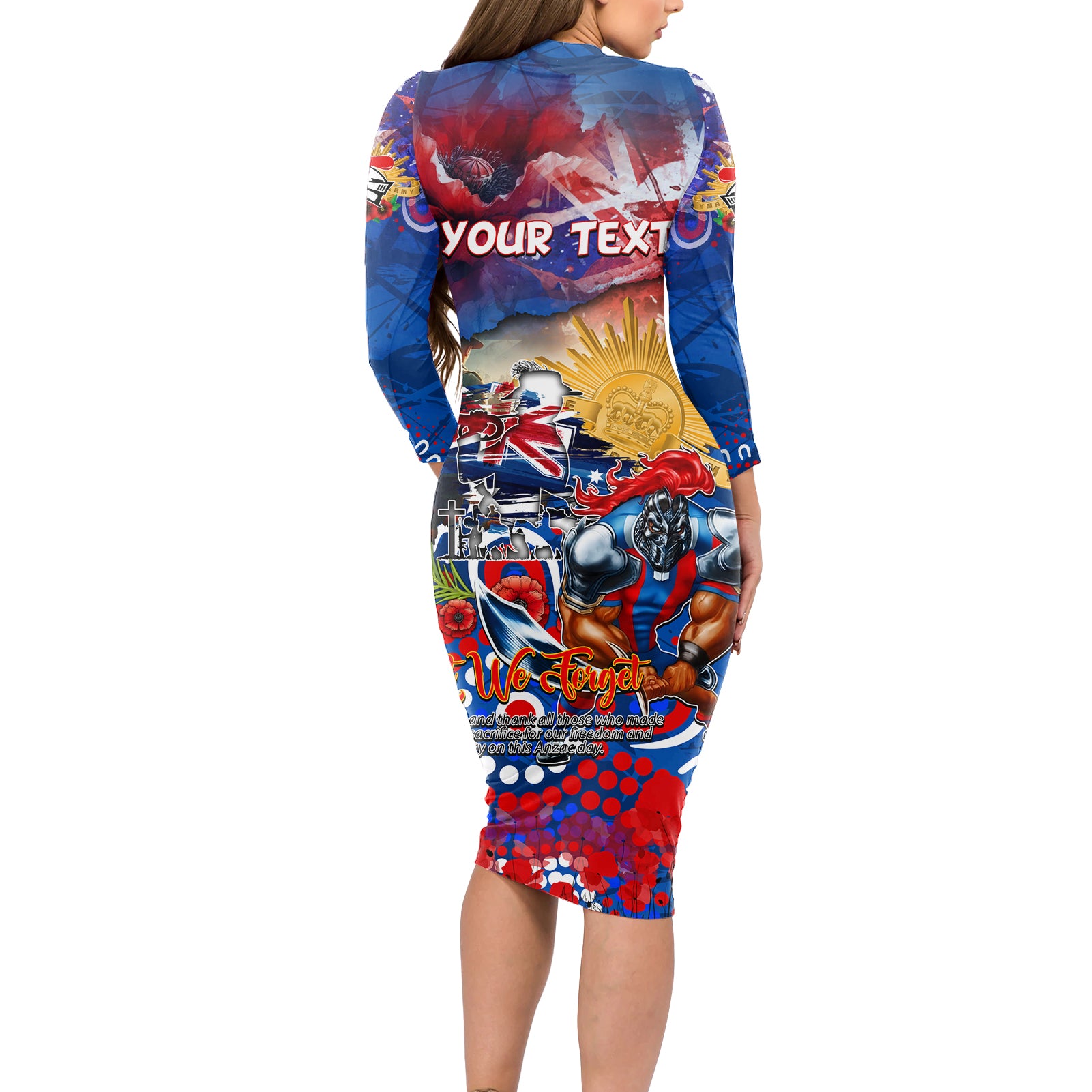 Personalised Australia Rugby Knights ANZAC Long Sleeve Bodycon Dress Newcastle Scratch Style