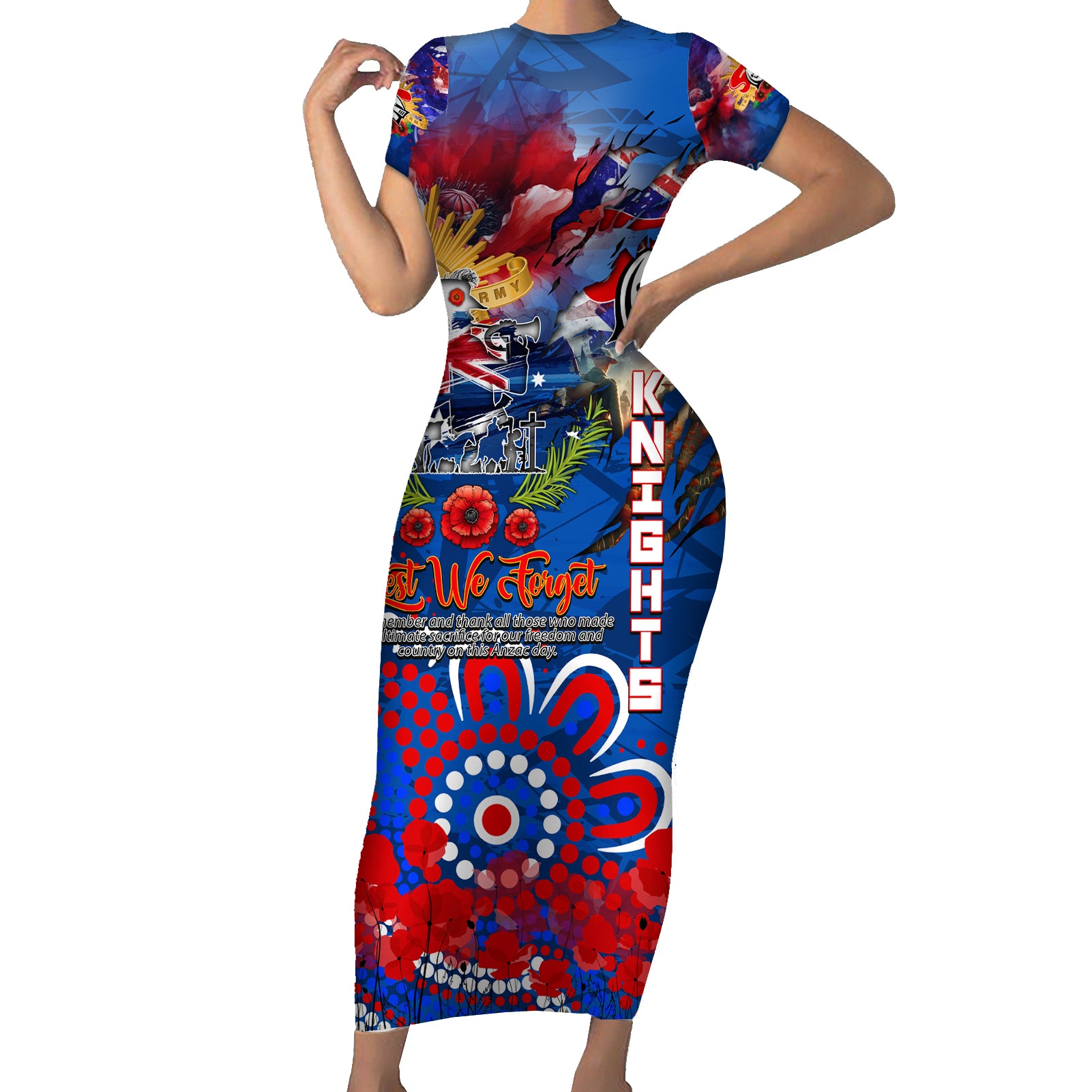 Personalised Australia Rugby Knights ANZAC Short Sleeve Bodycon Dress Newcastle Scratch Style