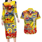 Personalised Australia Rugby Cowboys ANZAC Couples Matching Long Sleeve Bodycon Dress and Hawaiian Shirt North Queensland Scratch Style