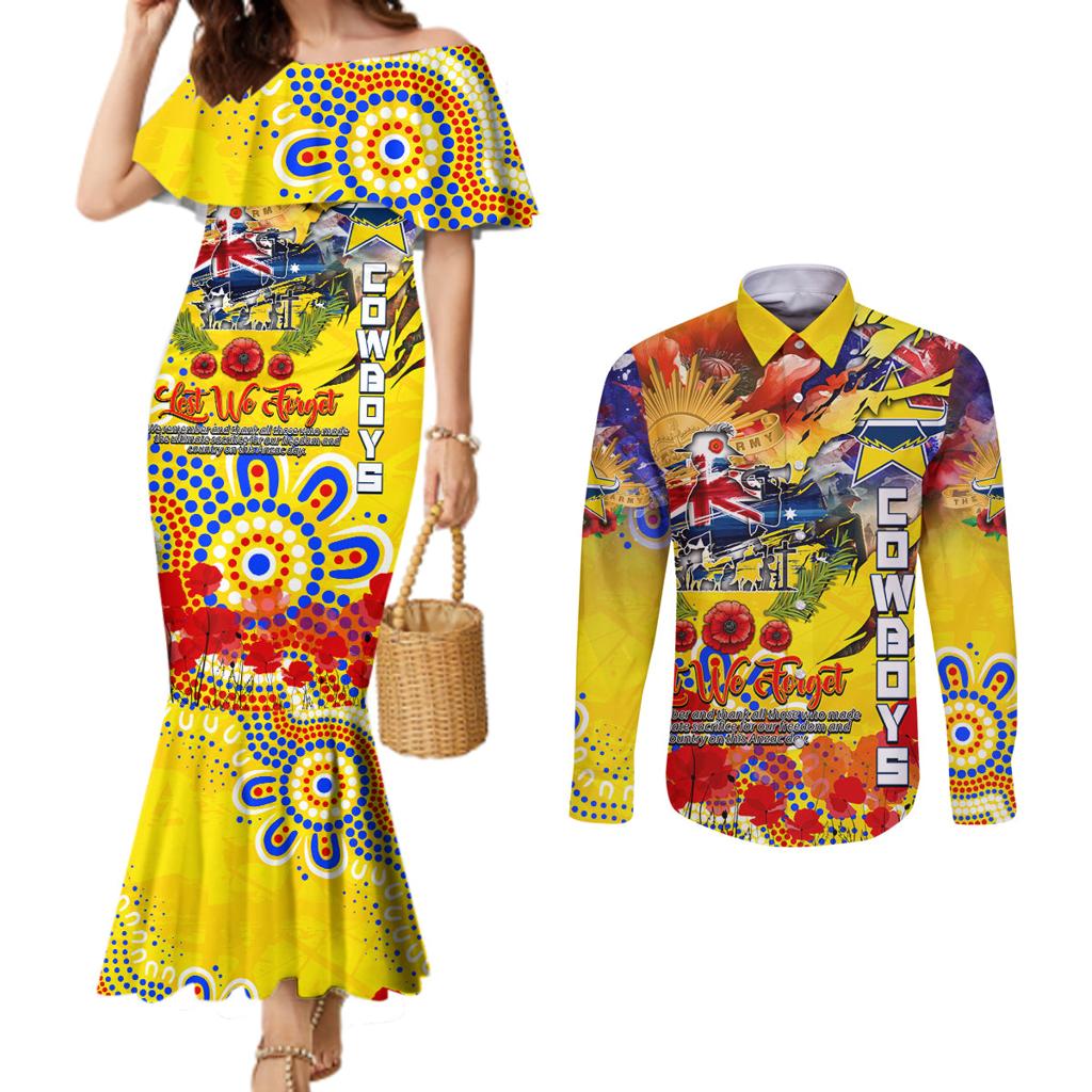 Personalised Australia Rugby Cowboys ANZAC Couples Matching Mermaid Dress and Long Sleeve Button Shirt North Queensland Scratch Style