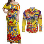 Personalised Australia Rugby Cowboys ANZAC Couples Matching Off Shoulder Maxi Dress and Long Sleeve Button Shirt North Queensland Scratch Style