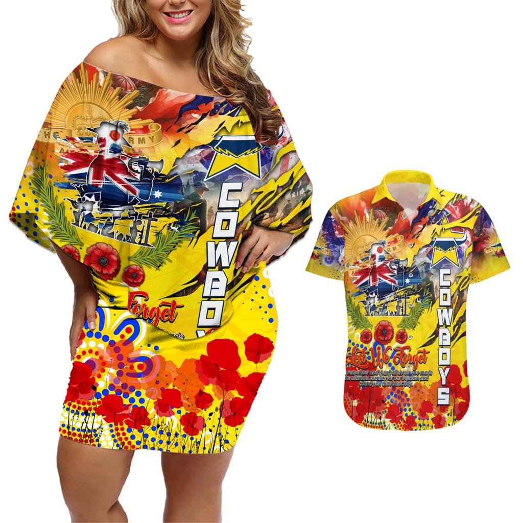 Personalised Australia Rugby Cowboys ANZAC Couples Matching Off Shoulder Short Dress and Hawaiian Shirt North Queensland Scratch Style