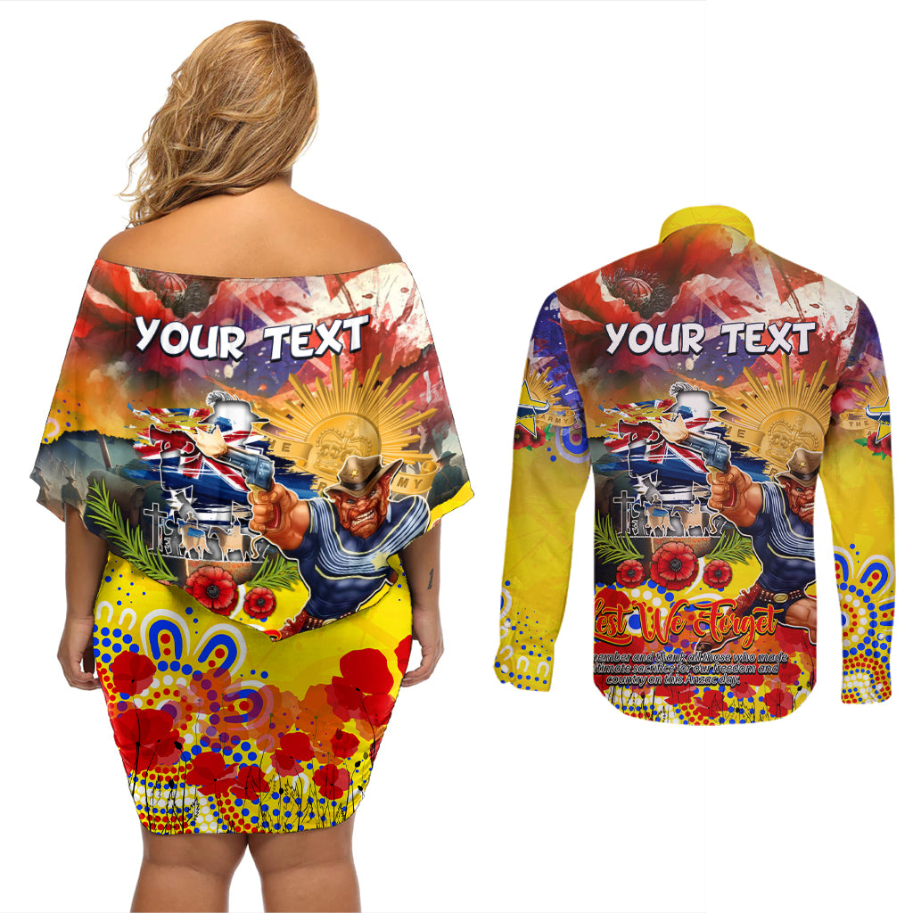 Personalised Australia Rugby Cowboys ANZAC Couples Matching Off Shoulder Short Dress and Long Sleeve Button Shirt North Queensland Scratch Style