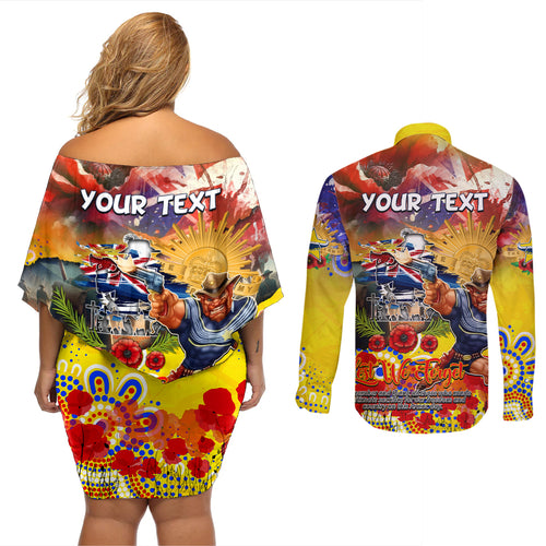 Personalised Australia Rugby Cowboys ANZAC Couples Matching Off Shoulder Short Dress and Long Sleeve Button Shirt North Queensland Scratch Style