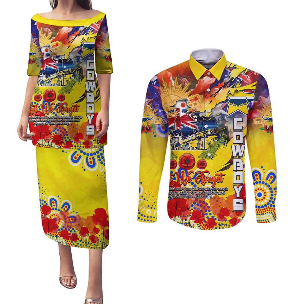 Personalised Australia Rugby Cowboys ANZAC Couples Matching Puletasi and Long Sleeve Button Shirt North Queensland Scratch Style