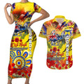 Personalised Australia Rugby Cowboys ANZAC Couples Matching Short Sleeve Bodycon Dress and Hawaiian Shirt North Queensland Scratch Style