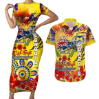 Personalised Australia Rugby Cowboys ANZAC Couples Matching Short Sleeve Bodycon Dress and Hawaiian Shirt North Queensland Scratch Style