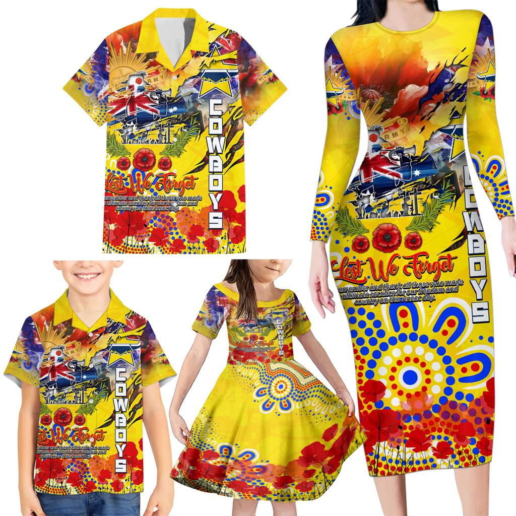 Personalised Australia Rugby Cowboys ANZAC Family Matching Long Sleeve Bodycon Dress and Hawaiian Shirt North Queensland Scratch Style