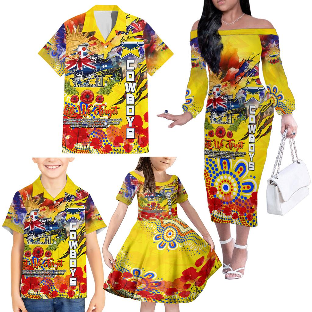 Personalised Australia Rugby Cowboys ANZAC Family Matching Off The Shoulder Long Sleeve Dress and Hawaiian Shirt North Queensland Scratch Style