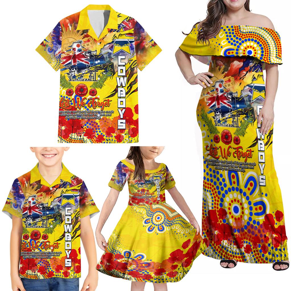 Personalised Australia Rugby Cowboys ANZAC Family Matching Off Shoulder Maxi Dress and Hawaiian Shirt North Queensland Scratch Style