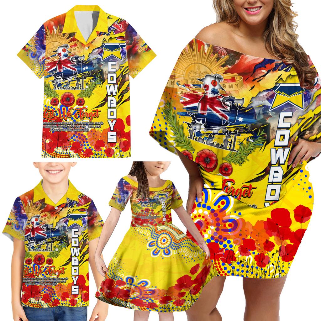 Personalised Australia Rugby Cowboys ANZAC Family Matching Off Shoulder Short Dress and Hawaiian Shirt North Queensland Scratch Style