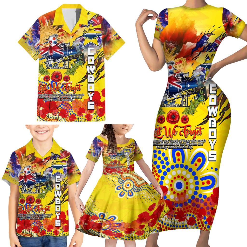 Personalised Australia Rugby Cowboys ANZAC Family Matching Short Sleeve Bodycon Dress and Hawaiian Shirt North Queensland Scratch Style