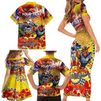 Personalised Australia Rugby Cowboys ANZAC Family Matching Short Sleeve Bodycon Dress and Hawaiian Shirt North Queensland Scratch Style