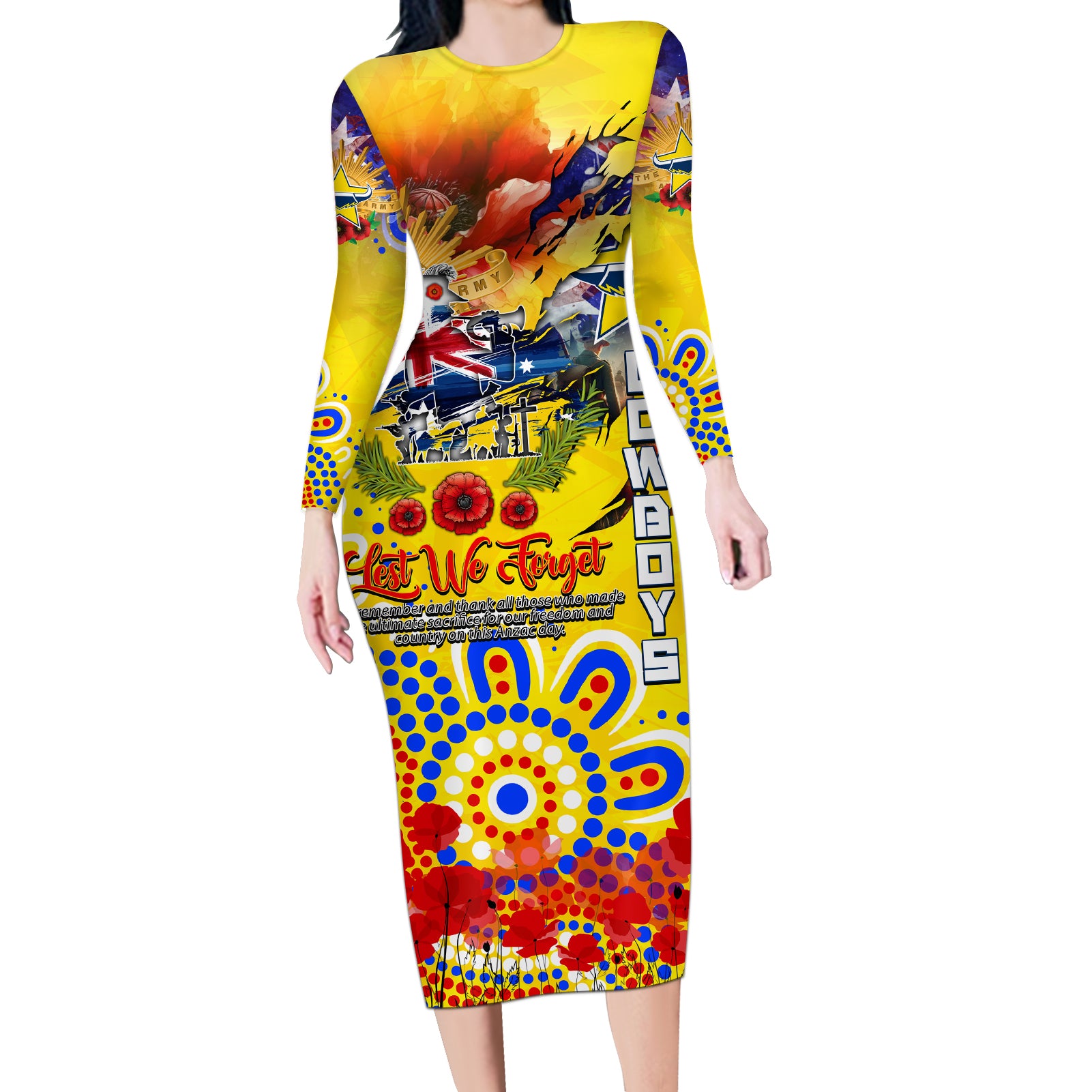 Personalised Australia Rugby Cowboys ANZAC Long Sleeve Bodycon Dress North Queensland Scratch Style