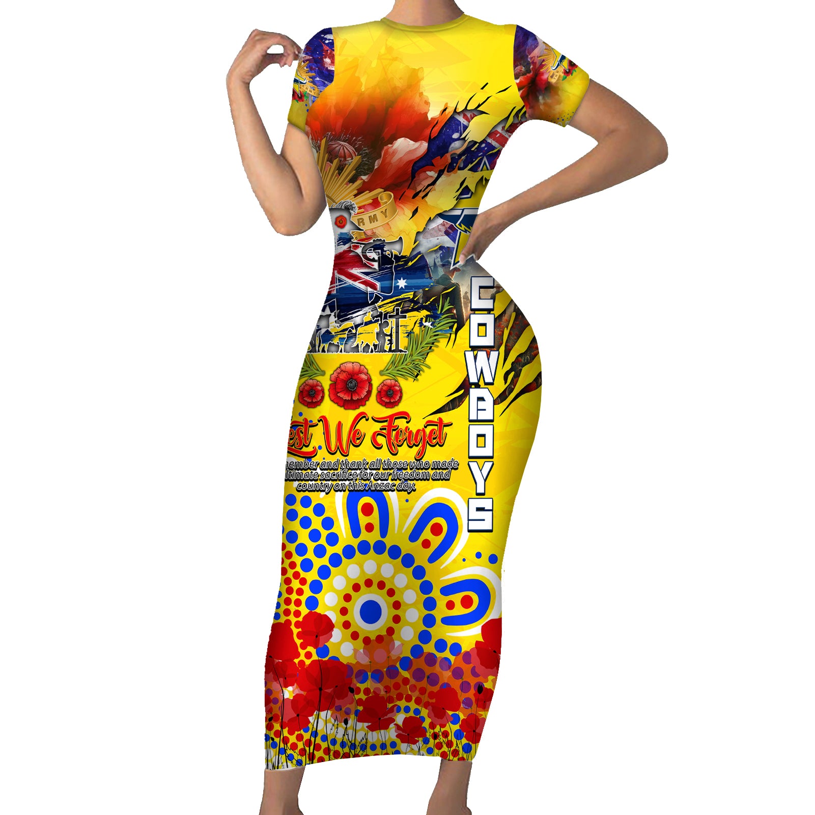 Personalised Australia Rugby Cowboys ANZAC Short Sleeve Bodycon Dress North Queensland Scratch Style