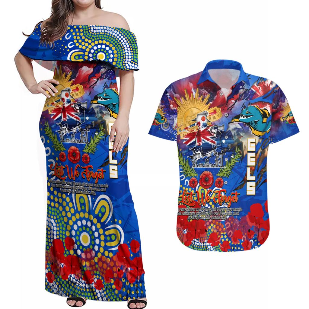 Personalised Australia Rugby Eels ANZAC Couples Matching Off Shoulder Maxi Dress and Hawaiian Shirt Parramatta Scratch Style
