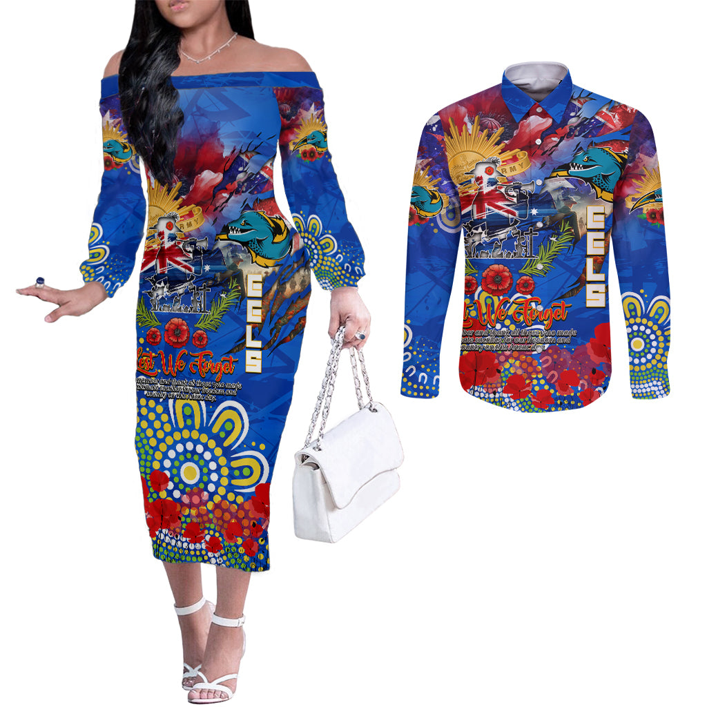Personalised Australia Rugby Eels ANZAC Couples Matching Off The Shoulder Long Sleeve Dress and Long Sleeve Button Shirt Parramatta Scratch Style