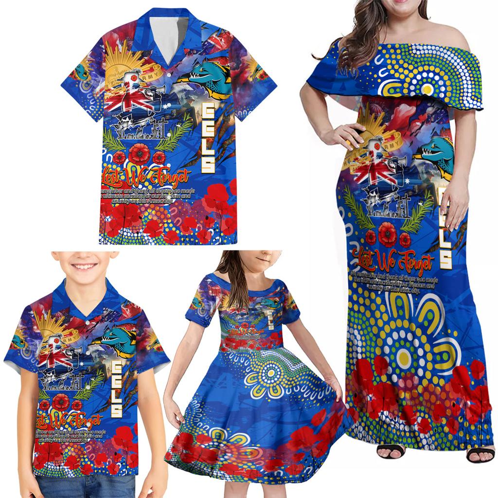 Personalised Australia Rugby Eels ANZAC Family Matching Off Shoulder Maxi Dress and Hawaiian Shirt Parramatta Scratch Style
