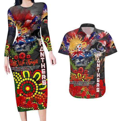 Personalised Australia Rugby Panthers ANZAC Couples Matching Long Sleeve Bodycon Dress and Hawaiian Shirt Penrith Scratch Style