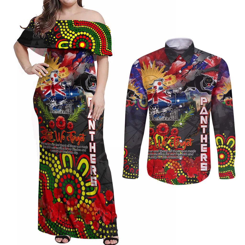 Personalised Australia Rugby Panthers ANZAC Couples Matching Off Shoulder Maxi Dress and Long Sleeve Button Shirt Penrith Scratch Style