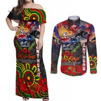 Personalised Australia Rugby Panthers ANZAC Couples Matching Off Shoulder Maxi Dress and Long Sleeve Button Shirt Penrith Scratch Style