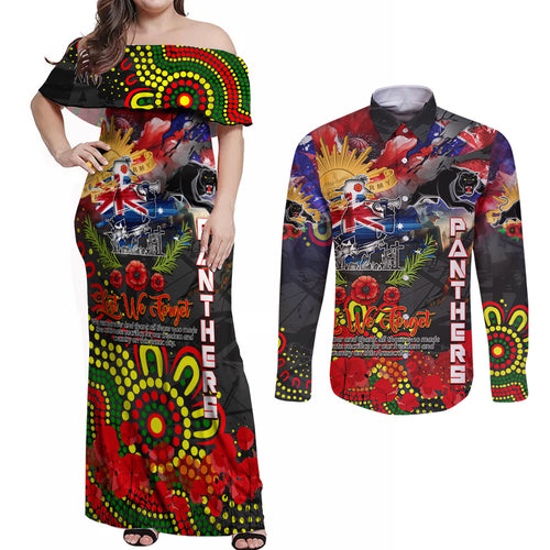 Personalised Australia Rugby Panthers ANZAC Couples Matching Off Shoulder Maxi Dress and Long Sleeve Button Shirt Penrith Scratch Style