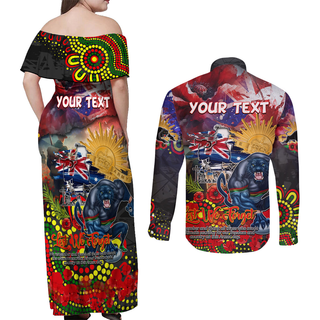 Personalised Australia Rugby Panthers ANZAC Couples Matching Off Shoulder Maxi Dress and Long Sleeve Button Shirt Penrith Scratch Style