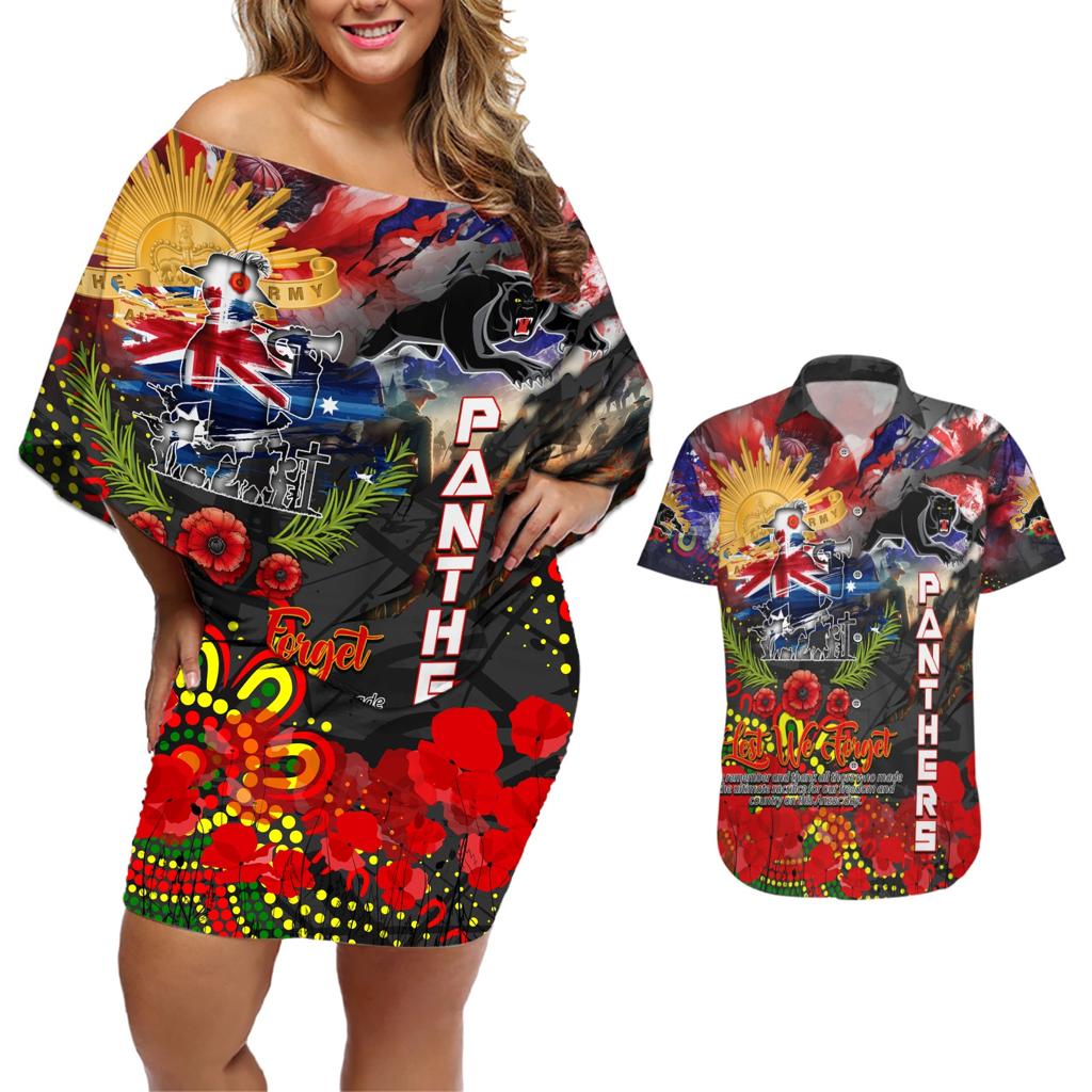 Personalised Australia Rugby Panthers ANZAC Couples Matching Off Shoulder Short Dress and Hawaiian Shirt Penrith Scratch Style