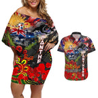 Personalised Australia Rugby Panthers ANZAC Couples Matching Off Shoulder Short Dress and Hawaiian Shirt Penrith Scratch Style