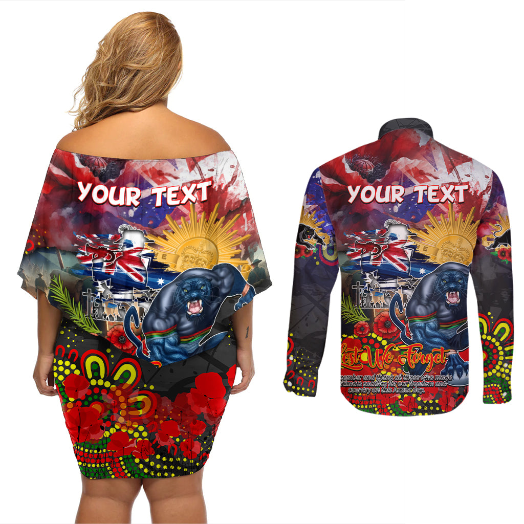 Personalised Australia Rugby Panthers ANZAC Couples Matching Off Shoulder Short Dress and Long Sleeve Button Shirt Penrith Scratch Style