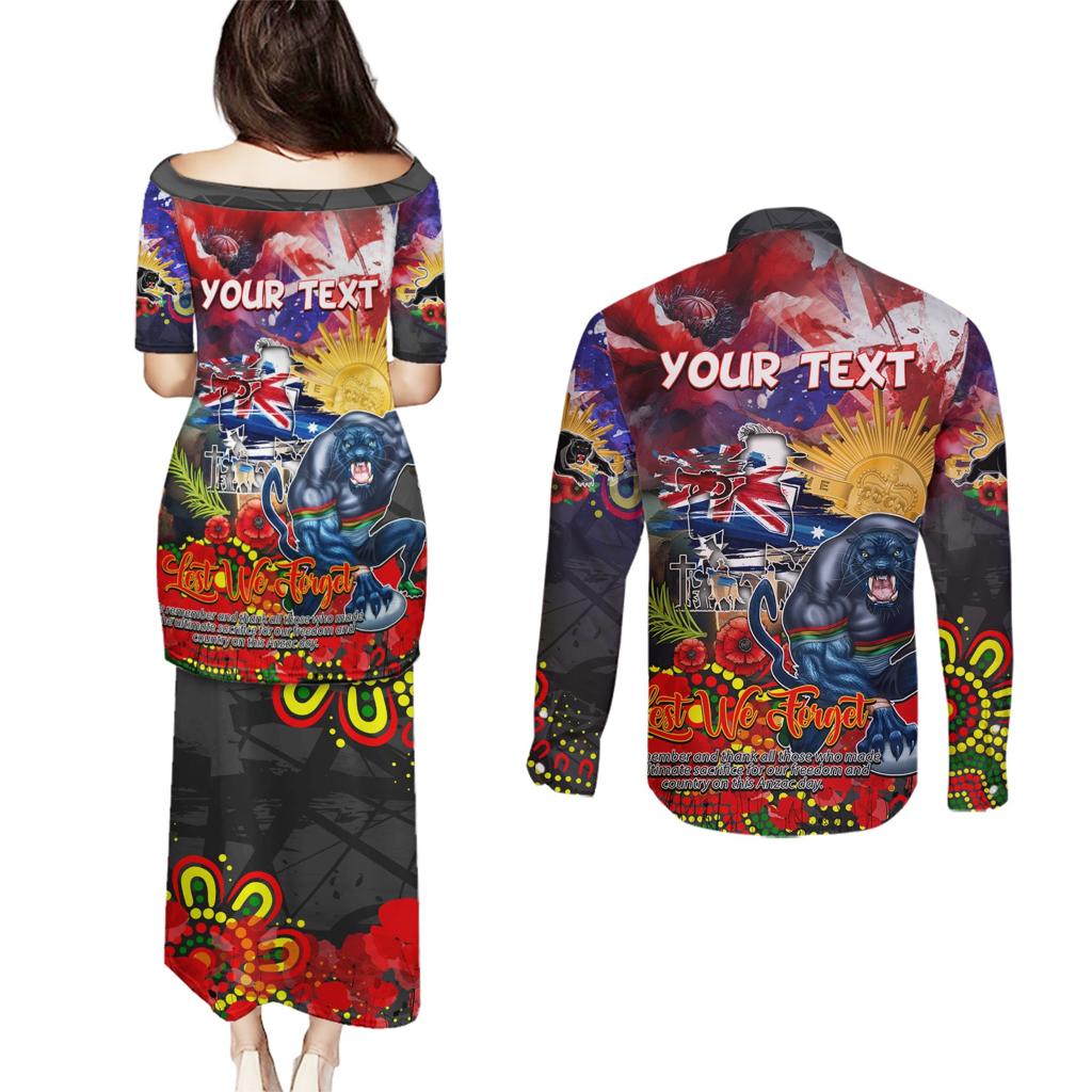 Personalised Australia Rugby Panthers ANZAC Couples Matching Puletasi and Long Sleeve Button Shirt Penrith Scratch Style