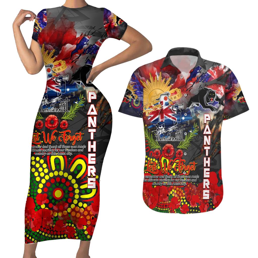 Personalised Australia Rugby Panthers ANZAC Couples Matching Short Sleeve Bodycon Dress and Hawaiian Shirt Penrith Scratch Style