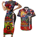 Personalised Australia Rugby Panthers ANZAC Couples Matching Short Sleeve Bodycon Dress and Hawaiian Shirt Penrith Scratch Style