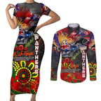 Personalised Australia Rugby Panthers ANZAC Couples Matching Short Sleeve Bodycon Dress and Long Sleeve Button Shirt Penrith Scratch Style