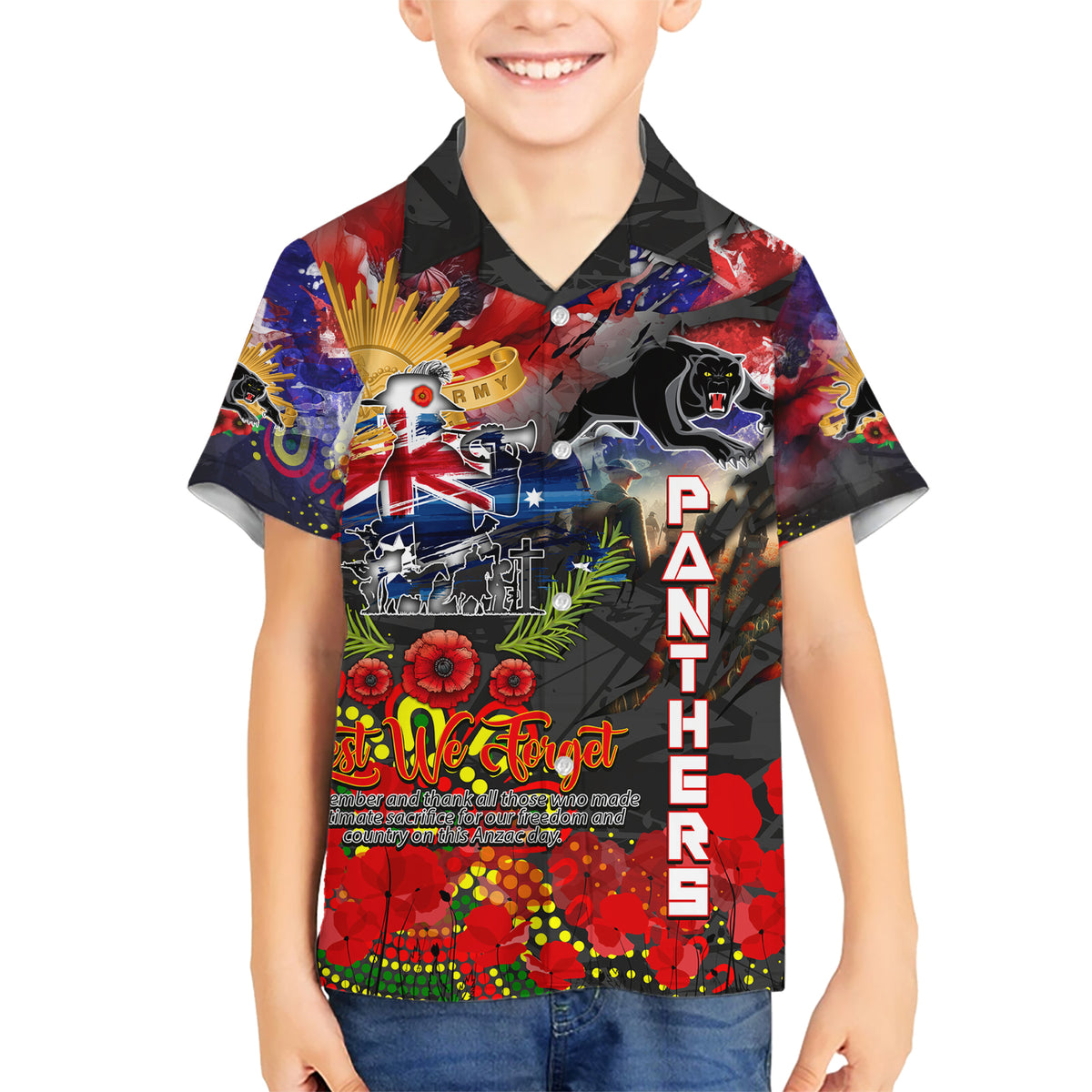 Personalised Australia Rugby Panthers ANZAC Kid Hawaiian Shirt Penrith Scratch Style