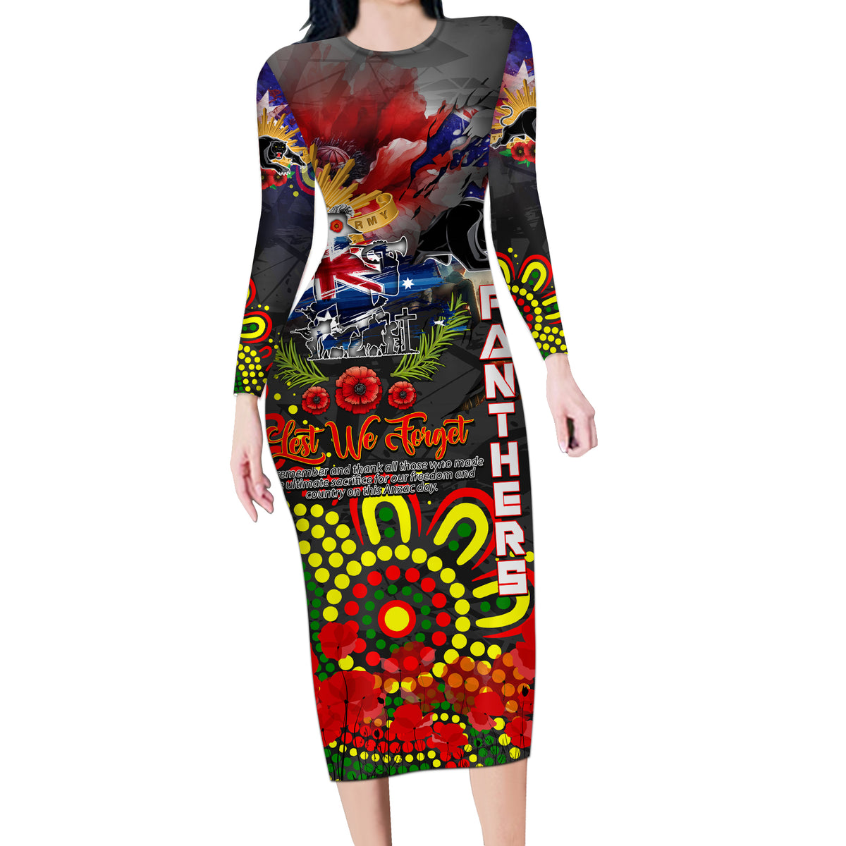 Personalised Australia Rugby Panthers ANZAC Long Sleeve Bodycon Dress Penrith Scratch Style