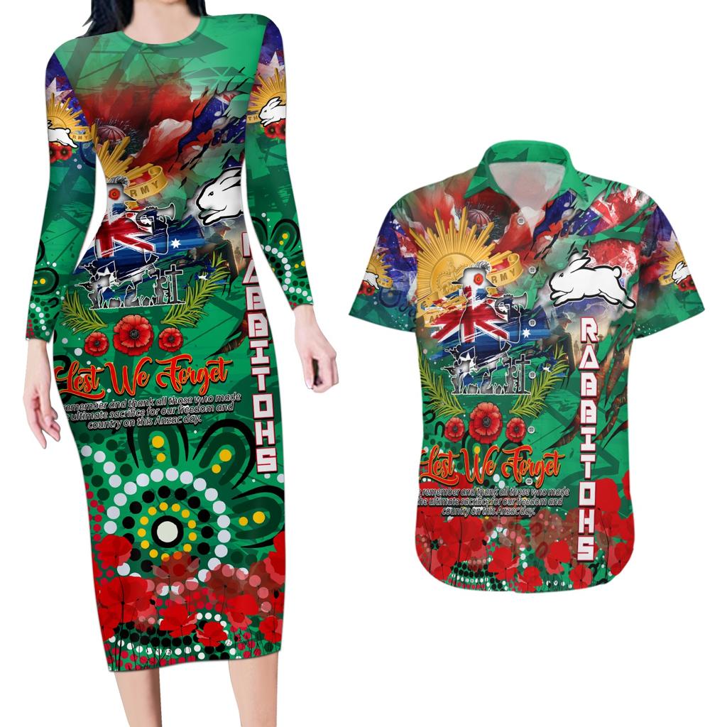 Personalised Australia Rugby Rabbitohs ANZAC Couples Matching Long Sleeve Bodycon Dress and Hawaiian Shirt South Sydney Scratch Style