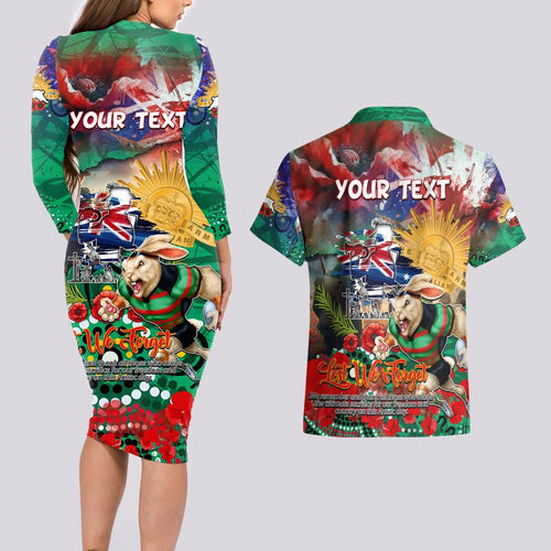 Personalised Australia Rugby Rabbitohs ANZAC Couples Matching Long Sleeve Bodycon Dress and Hawaiian Shirt South Sydney Scratch Style