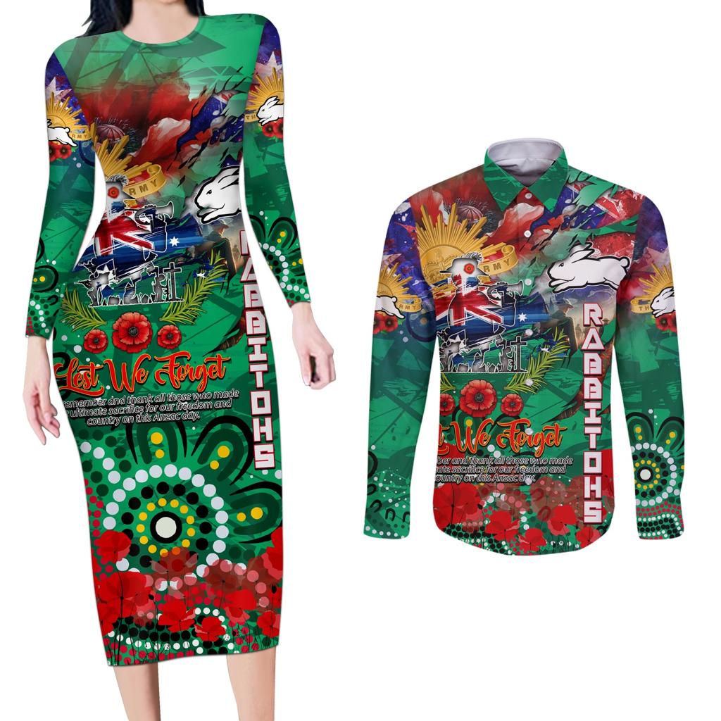 Personalised Australia Rugby Rabbitohs ANZAC Couples Matching Long Sleeve Bodycon Dress and Long Sleeve Button Shirt South Sydney Scratch Style