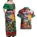 Personalised Australia Rugby Rabbitohs ANZAC Couples Matching Off Shoulder Maxi Dress and Hawaiian Shirt South Sydney Scratch Style