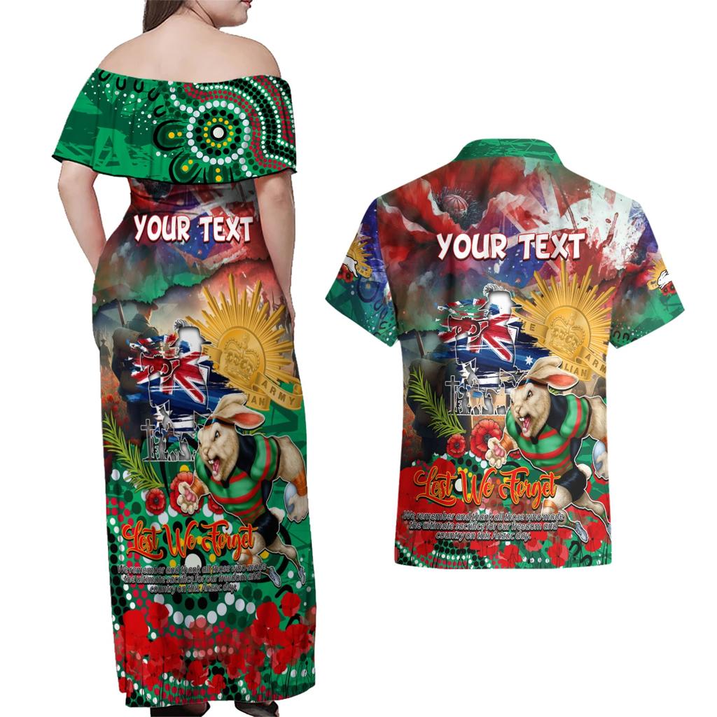 Personalised Australia Rugby Rabbitohs ANZAC Couples Matching Off Shoulder Maxi Dress and Hawaiian Shirt South Sydney Scratch Style