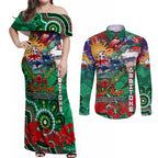 Personalised Australia Rugby Rabbitohs ANZAC Couples Matching Off Shoulder Maxi Dress and Long Sleeve Button Shirt South Sydney Scratch Style