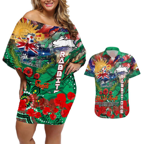 Personalised Australia Rugby Rabbitohs ANZAC Couples Matching Off Shoulder Short Dress and Hawaiian Shirt South Sydney Scratch Style
